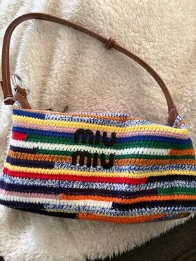 Miu Miu Multicolor Striped Crochet Shoulder Bag with Brown Leather Strap